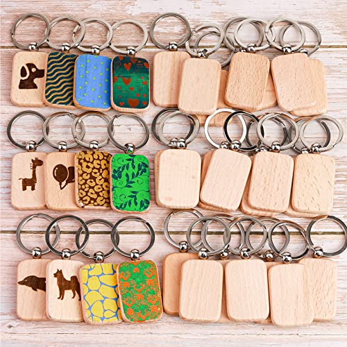 Auihiay 70 PCS Wood Keychain Blanks, Wood Engraving Blanks Key Chain, Unfinished Rectangle Wood Key Tag for DIY Crafts (Rectangle)