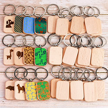 Auihiay 70 PCS Wood Keychain Blanks, Wood Engraving Blanks Key Chain, Unfinished Rectangle Wood Key Tag for DIY Crafts (Rectangle)