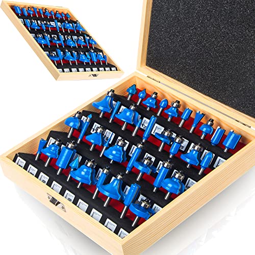 LEATBUY Router Bit Set 1/4 inch -37 PCS Tongue Groove Wood Milling Cutter Drilling Carbide Router Bits Tool for Door Table Cabinet Shelve Wall DIY