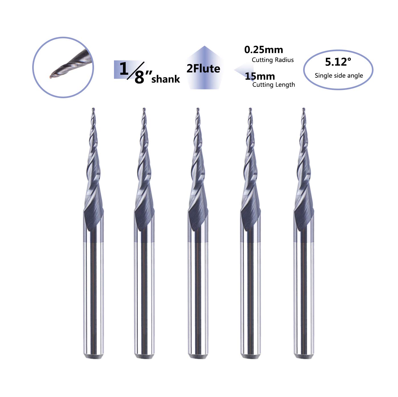SpeTool 5Pcs Tapered Ball Nose Carving End Mill 1/8 inch Shank 0.25MM Radius (0.5MM Diameter) Tips 3D Woodworking Tool CNC Router Bits SpeTool