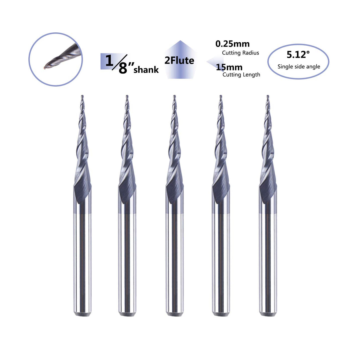 SpeTool 5Pcs Tapered Ball Nose Carving End Mill 1/8 inch Shank 0.25MM Radius (0.5MM Diameter) Tips 3D Woodworking Tool CNC Router Bits SpeTool