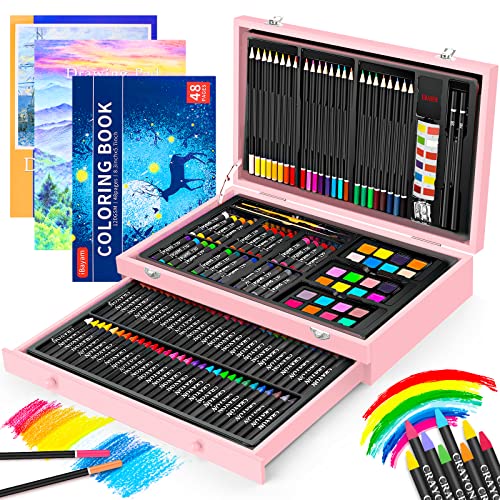 iBayam Art Supplies, 150-Pack Deluxe Wooden Art Set Crafts Drawing Painting Kit with 1 Coloring Book, 2 Sketch Pads, Creative Gift Box for Adults - WoodArtSupply