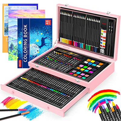 iBayam Art Supplies, 150-Pack Deluxe Wooden Art Set Crafts Drawing Painting Kit with 1 Coloring Book, 2 Sketch Pads, Creative Gift Box for Adults