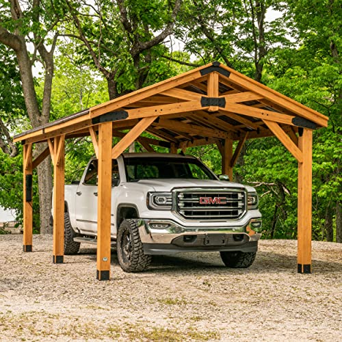 Backyard Discovery Norwood 20 ft. x 12 ft. All Cedar Wooden Carport Pavilion Gazebo with Hard Top Steel Roof - WoodArtSupply