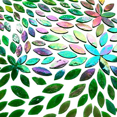 KALUCION 120 Pcs Iridescent Green Petal Mosaic Tiles, Hand Cut Stained Glass Petals, Floral Mosaic Tiles, Tiffany Glass Flower Petals Supplies Kit KALUCION