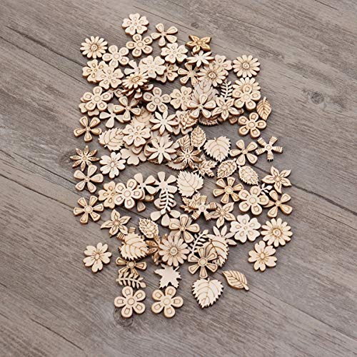Flower Leaf Pattern Slice 100pcs Unfinished Wood Cutouts Flower Wood Shapes Pieces Wood Discs Slices for DIY Craft Table Scatter Confetti 20mm Wooden Healifty