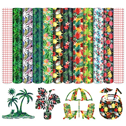 Tintnut Tropical Leaves Permanent Vinyl - 10 Sheets 12"x10", Pineapple Hawaiian Floral Pattern Vinyl Compatible with Cricut Machine, Patterned Tintnut