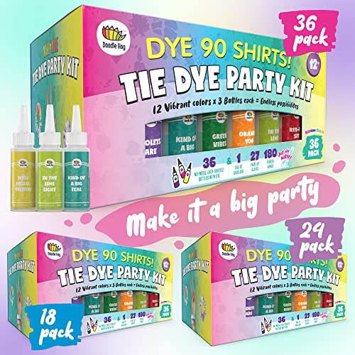 Tie Dye Party Kit for Kids & Adults - 36 Large Tye Dye Bottles with 12 Colors & Tie Dye Powder, Soda Ash, Gloves - Tie Dye Kit for Large Groups - DOODLE HOG