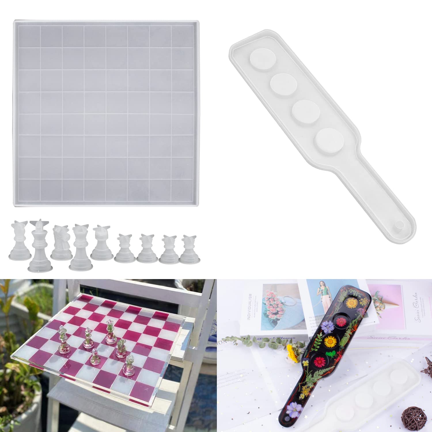 ResinWorld Shot Glass Serving Tray Mold + 3D Silicone Chess Piece Mold for Epoxy Resin, Chess Board Game Mold ResinWorld