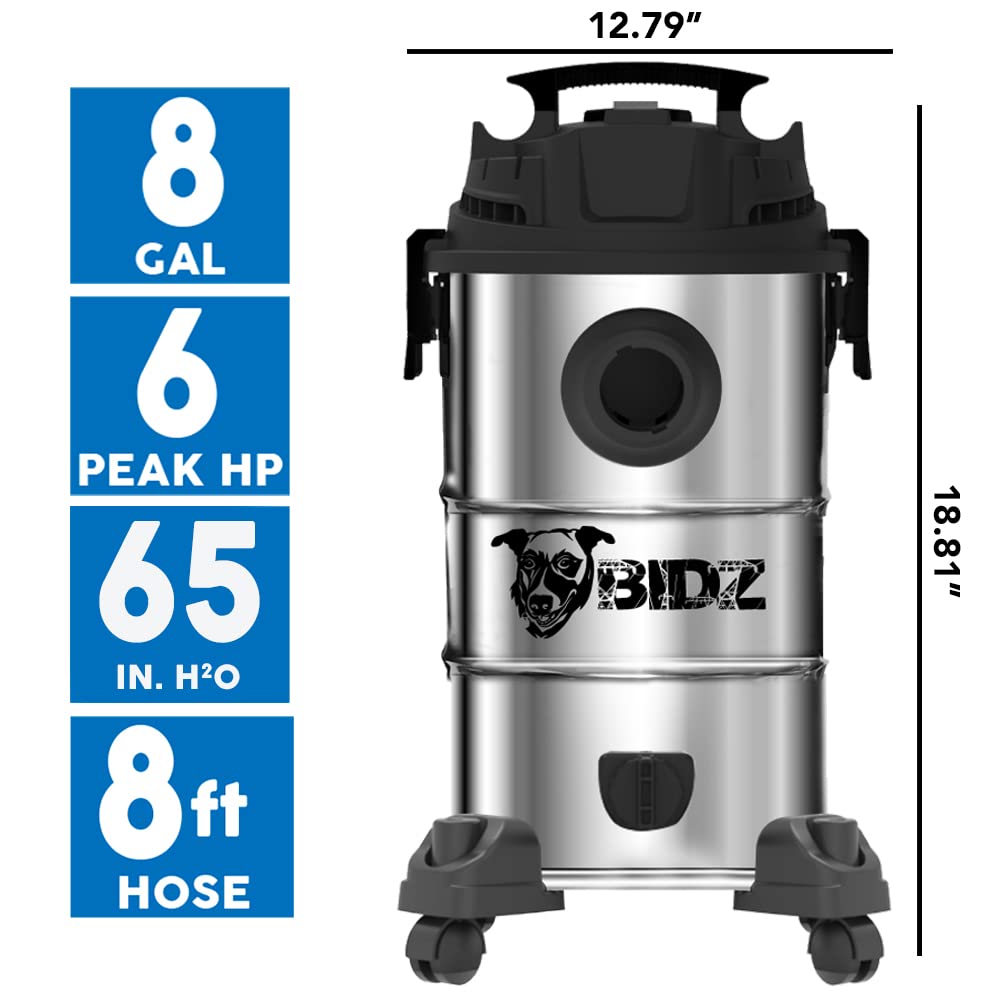 BIDZ 8 Gallons, Powerful 6 Peak HP Motor, 65'' Water Lift Suction Power, Heavy-Duty Stainless Steel Semi- Commercial Shop Vacuum System BIDZ