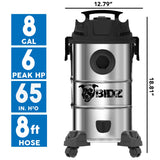 BIDZ 8 Gallons, Powerful 6 Peak HP Motor, 65'' Water Lift Suction Power, Heavy-Duty Stainless Steel Semi- Commercial Shop Vacuum System BIDZ