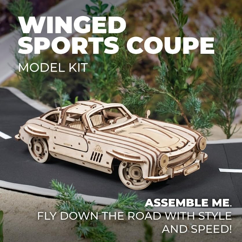 UGEARS Winged Sports Coupe Model Car Kit - 3D Wooden Puzzle Car –Model Kit for Adults to Build - DIY Wooden Car Model Kit with Authentic Gull-Wing UGEARS