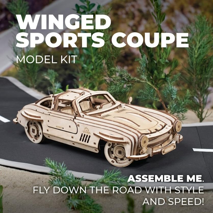 UGEARS Winged Sports Coupe Model Car Kit - 3D Wooden Puzzle Car –Model Kit for Adults to Build - DIY Wooden Car Model Kit with Authentic Gull-Wing - WoodArtSupply