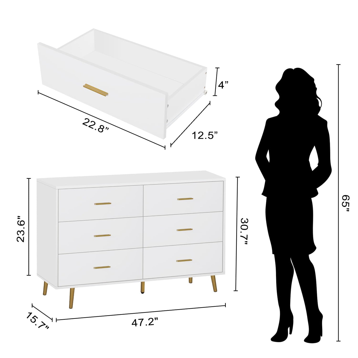 Polar Aurora Wood Dresser for Bedroom,Wood Mid Century Modern Chests of Drawer,6 Drawer Double Dresser with Metal Handles for Bedroom, Hallway, Polar Aurora