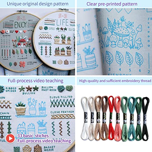 ETSPIL 3 Sets Embroidery kit for Beginners Adults，Learn 33 Different Stitches DIY Kits ，Includes Stamped Flower Pattern, Hoop, Color ETSPIL