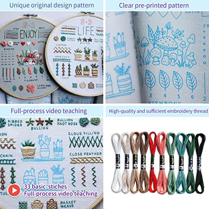 ETSPIL 3 Sets Embroidery kit for Beginners Adults，Learn 33 Different Stitches DIY Kits ，Includes Stamped Flower Pattern, Hoop, Color - WoodArtSupply