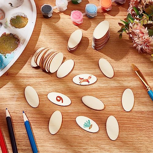NBEADS 100 Pcs Unfinished Wood Cutouts, Oval Shape Wood Pieces Wooden Cutouts Wood Discs Slices Natural Wood Embellishments for Drawing Art Craft NBEADS