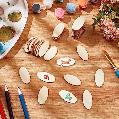 NBEADS 100 Pcs Unfinished Wood Cutouts, Oval Shape Wood Pieces Wooden Cutouts Wood Discs Slices Natural Wood Embellishments for Drawing Art Craft