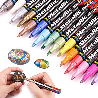 Dyvicl Metallic Markers Paint Markers, Broad Tip Paint Pens for Rocks, Halloween Pumpkin, Wood, Fabric, Glass, Ceramics, Metal, Plastic, Black Paper,