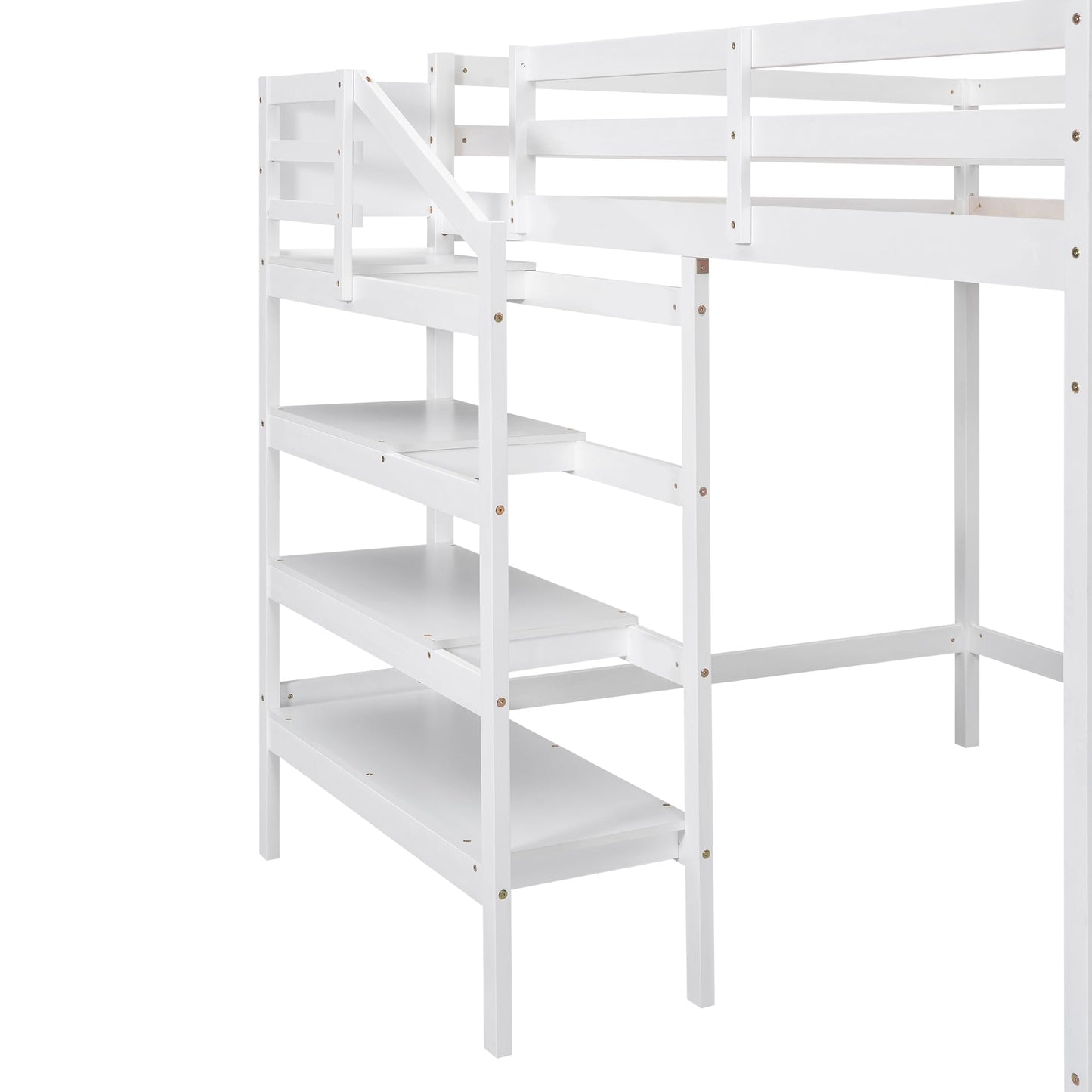 Harper & Bright Designs White Full Size Loft Bed with Stairs, Hanging Rod, and Storage Shelf for Kids - WoodArtSupply