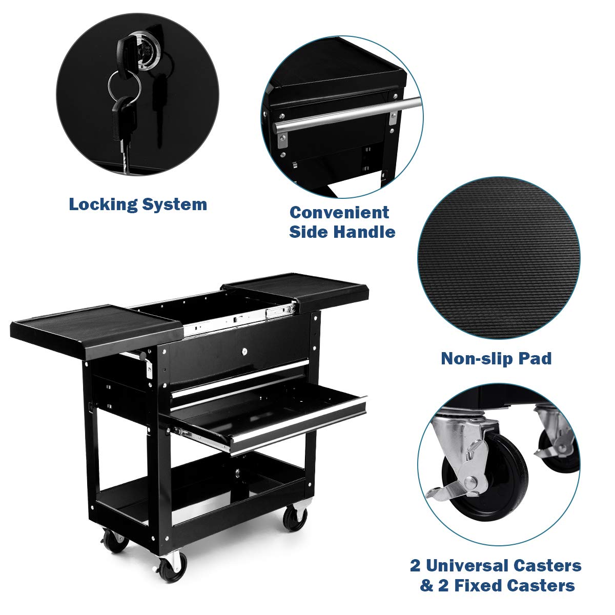 ERGOMASTER Utility Service Cart Tool on Wheels Heavy Duty Metal 4 Tiers Shelves with Drawers Tool Storage Organizer for Warehouse,Garage and Workshop - WoodArtSupply