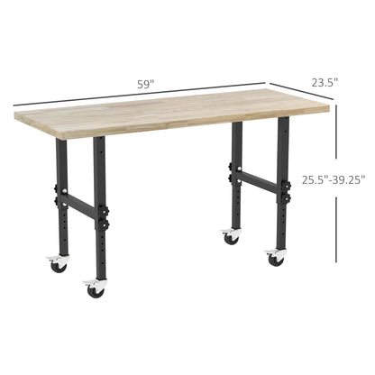 HOMCOM 59" Work Bench with Height Adjustable Legs, Bamboo Tabletop Workstation Tool Table on Wheels for Garage, Weight Capacity 1320 Lbs, - WoodArtSupply