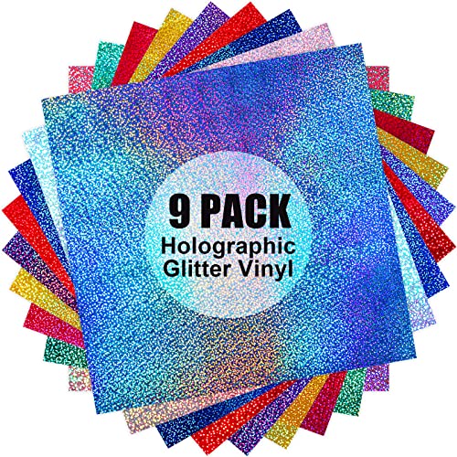 Holographic Glitter Vinyl Sheets 9 Pack Vinyl Permanent - Easy to use Adhesive Vinyl for Craft Decor,12” X 12” （Holographic Glitter） GIRAFVINYL