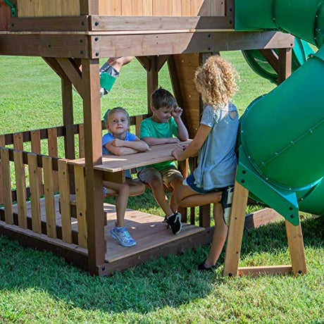 Backyard Discovery Skyfort All Cedar Swing Set, Elevated Covered Wood Roof Clubhouse with Bay Windows, 2 Belt Swings, Web Swing, 10ft Wave Slide, 5 Backyard Discovery