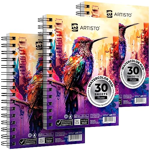 ARTISTO Watercolor Pads 5.5x8.5”, Pack of 3 (90 Sheets), Spiral Bound, Acid-Free Paper, 140lb (300gsm), Perfect for Most Wet & Dry Media, Ideal for - WoodArtSupply