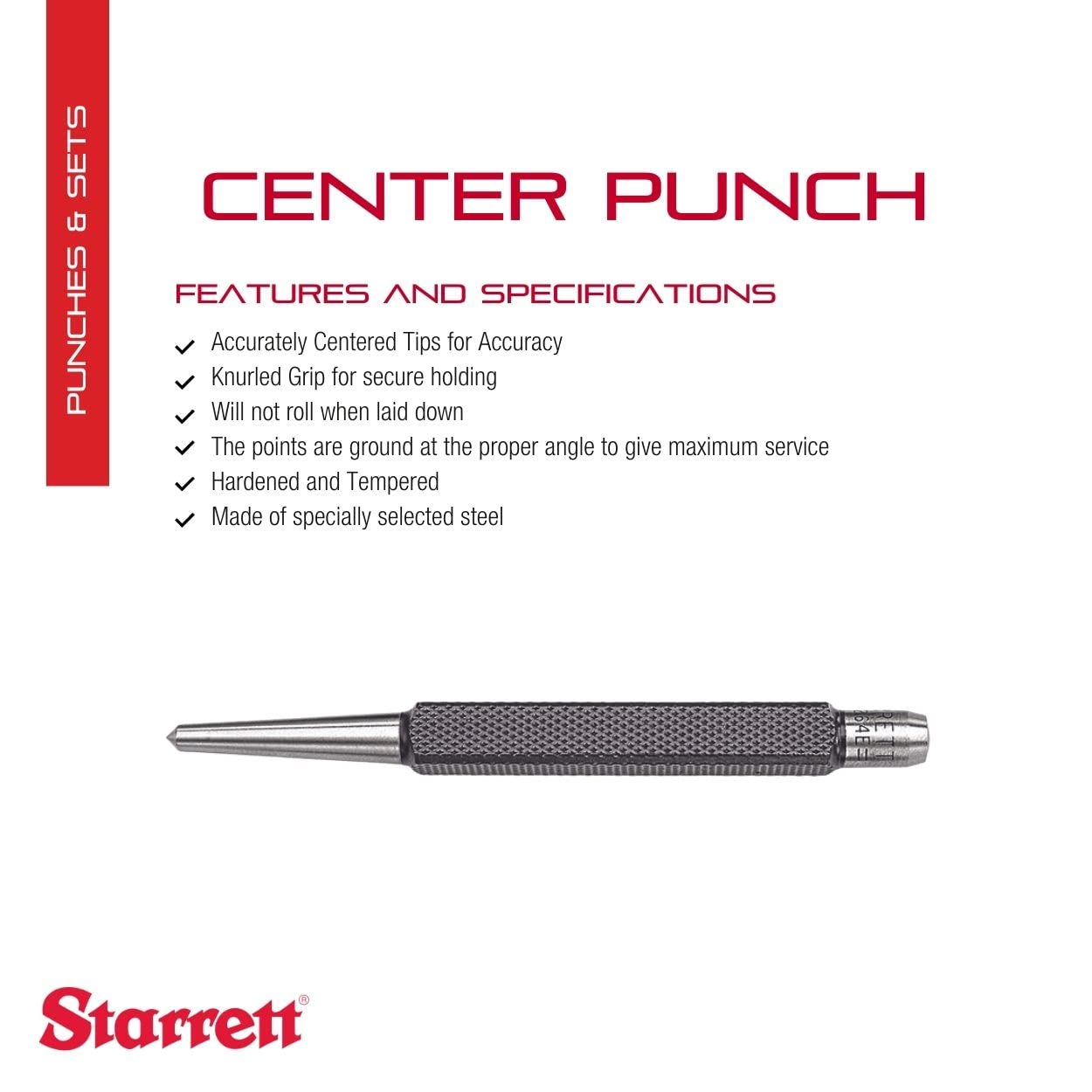 Starrett Steel Center Punch with Square Shank and Knurled Finger Grip - Hardened and Tempered, 4-1/4" Length, 5/32" Diameter Tapered Point, 3/8" Starrett