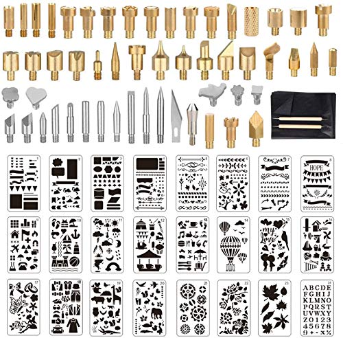 UWIOFF 77 Pcs Wood Burning Accessories, Wood Burning Tips Set and Stencils Carving Iron Tip, 53pcs Wood Burning Carving Embossing Soldering Tips and - WoodArtSupply