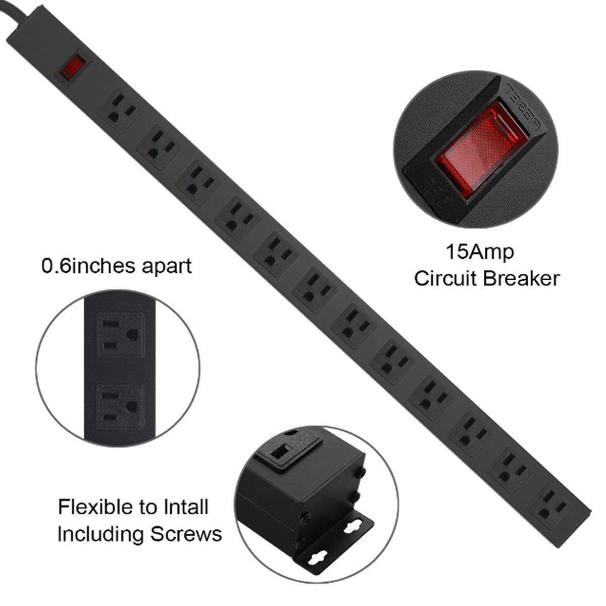 Metal Wall Mount Power Strip, Mountable Power Outlet with 12 AC Outlets, Aluminum Alloy Mount Power Socket with Switch, 6 FT SJT 3/C 14AWG Power HHSOET