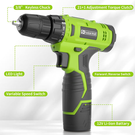 FADAKWALT Cordless Drill Set,12V Power Drill Set with Battery and Charger, compact Driver/Drill Bits, 3/8'' Keyless Chuck,21+1 Torque Setting, 180 FADAKWALT