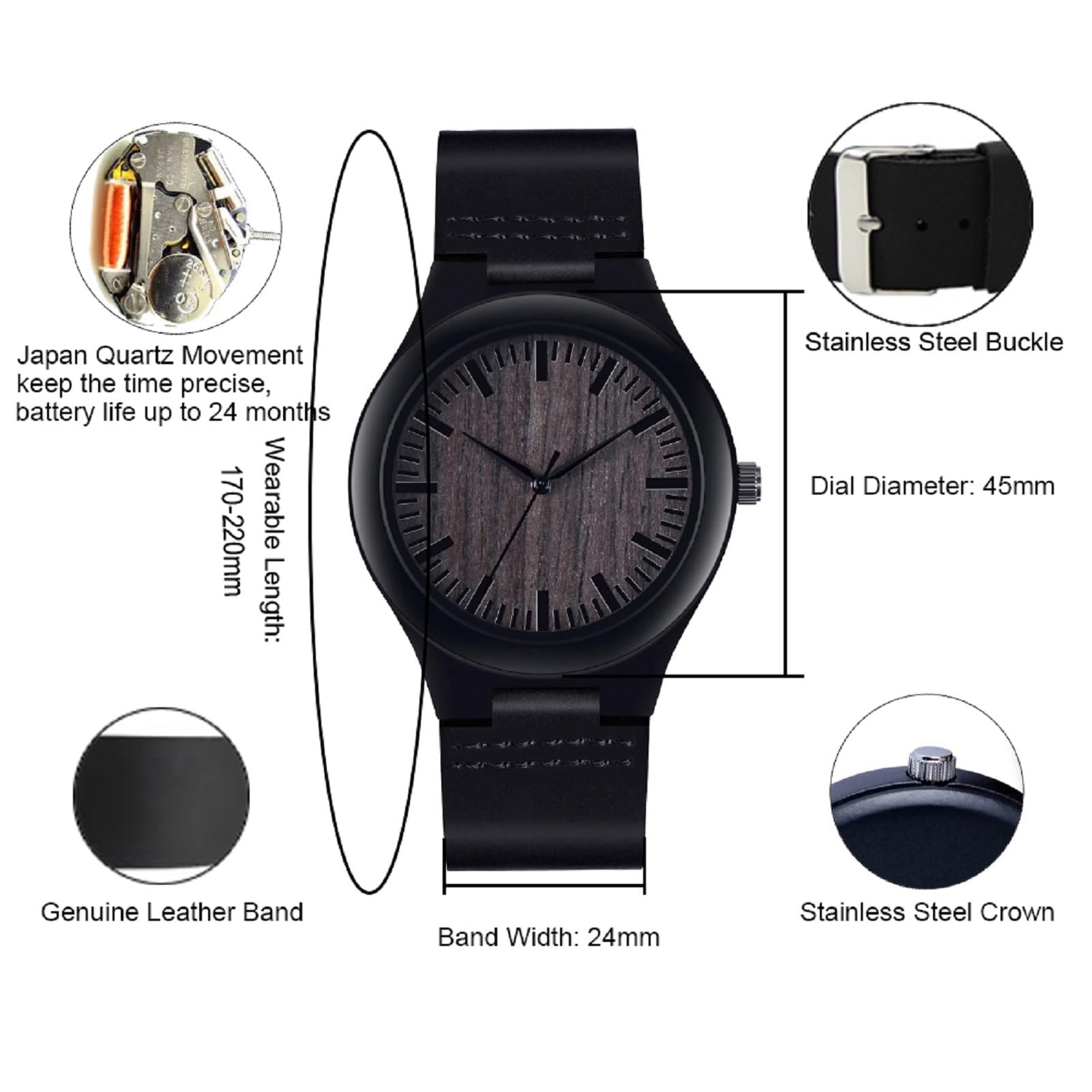 UMIPHIMAT Engraved Wooden Watches for Dad - Casual Handmade Ebony Wood Watches for Father Customized Birthday Gifts - WoodArtSupply