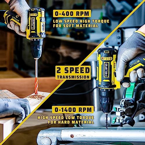 HILIPE Drill Set,12V Cordless Drill with Battery and Charger, Home Electric Power Drill Cordless, 3/8-Inch Keyless Chuck, 2 Variable Speed, 18+1 - WoodArtSupply