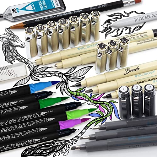 All-in-One Artist Drawing Pens Set -16 Dual Tip Brush Pens, 3 Calligraphy Pens, 10 Drawing Pens, Ruler, White Ink Pen, Mechanical Pencil, Sketch Pad - WoodArtSupply