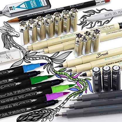 All-in-One Artist Drawing Pens Set -16 Dual Tip Brush Pens, 3 Calligraphy Pens, 10 Drawing Pens, Ruler, White Ink Pen, Mechanical Pencil, Sketch Pad - WoodArtSupply