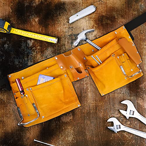 Virtionz 11 POCKET LEATHER TOOL BELT for Carpenter, Construction Pouch, Framers, Handyman, Electrician, Brown color, belts adjusts from 33'' up to