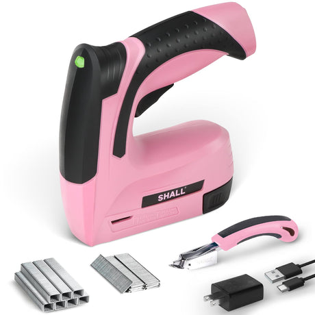 SHALL Pink Electric Staple Gun, 2 in 1 Cordless Upholstery Stapler Nail Gun for Wood, 4V Rechargeable Brad Nailer Kit w/ 2500 Staples Nails, Staple SHALL