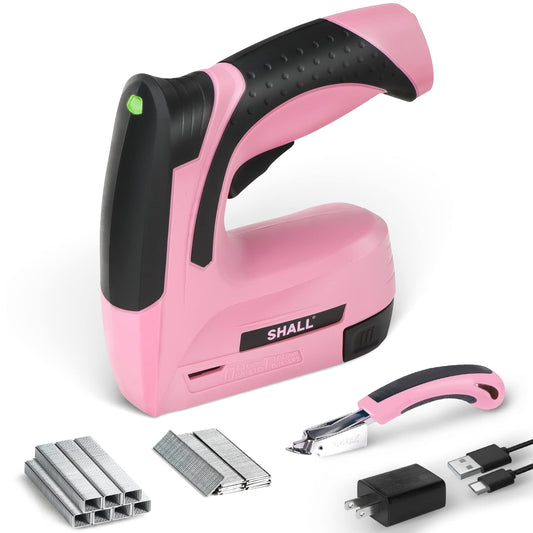 SHALL Pink Electric Staple Gun, 2 in 1 Cordless Upholstery Stapler Nail Gun for Wood, 4V Rechargeable Brad Nailer Kit w/ 2500 Staples Nails, Staple - WoodArtSupply