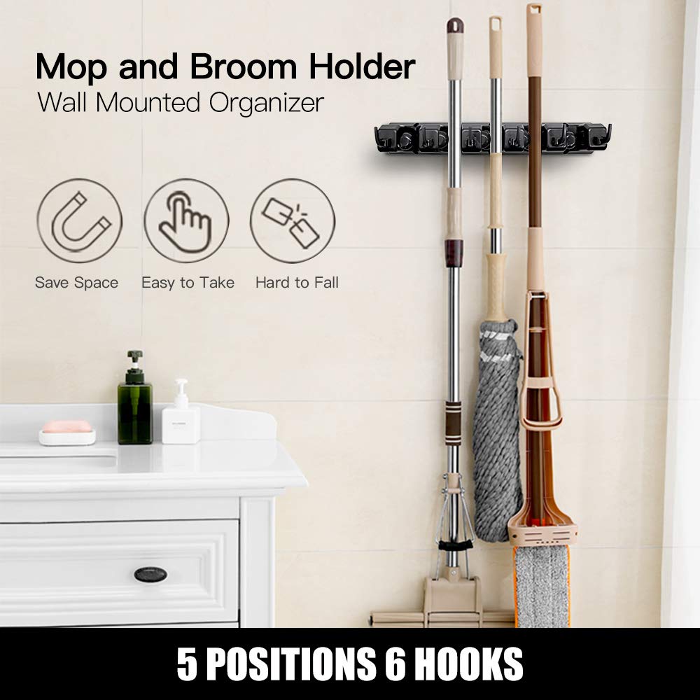 IMILLET 2 Pack Mop and Broom Holder, Wall Mounted Organizer Mop and Broom Storage Tool Rack with 5 Ball Slots and 6 Hooks (Black) - WoodArtSupply