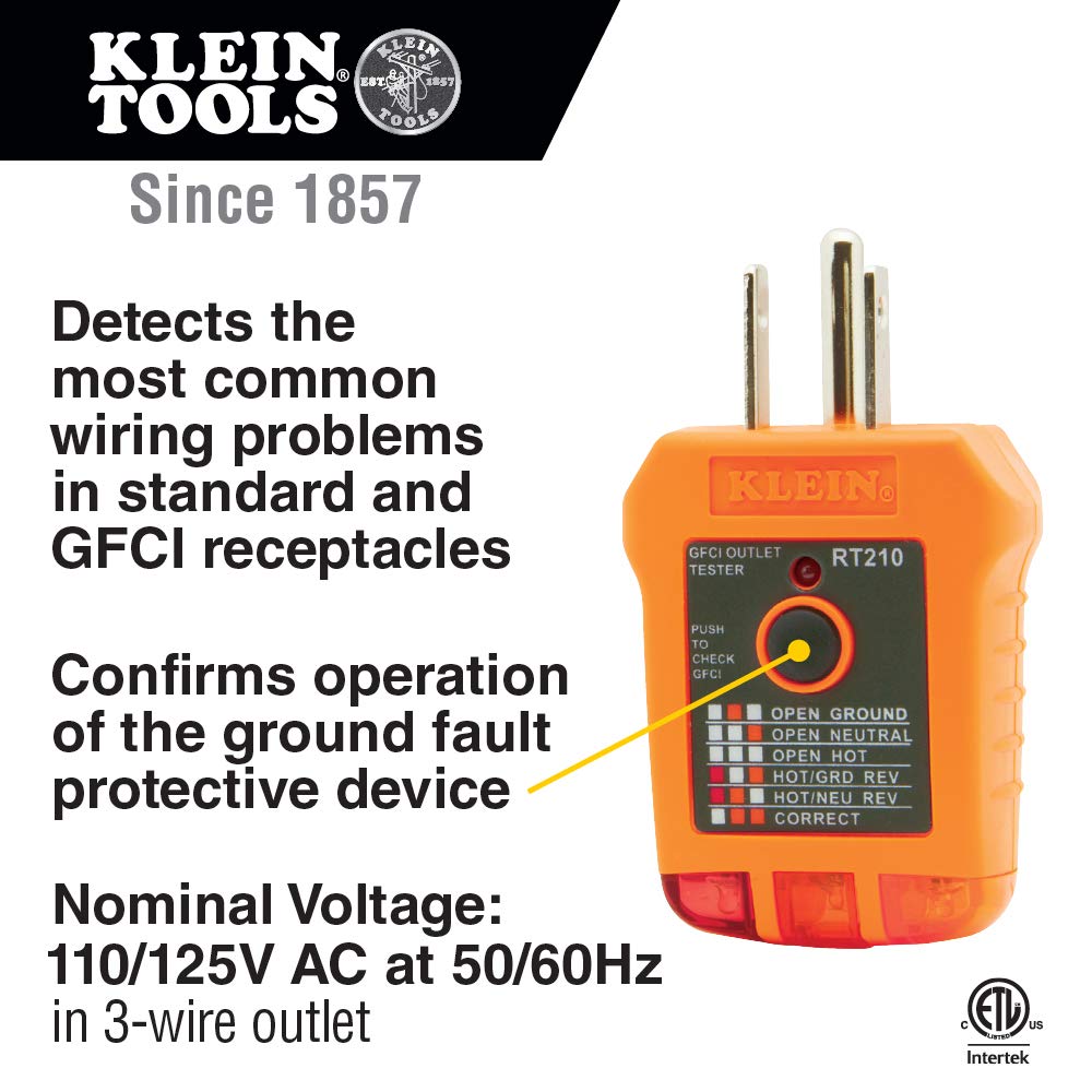Klein Tools RT210 Outlet Tester, Receptacle Tester for GFCI / Standard North American AC Electrical Outlets, Detects Common Wiring Problems Klein Tools