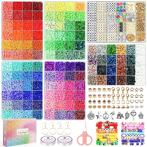 Paodey 20,000 Pcs Clay Beads Bracelet Making Kit, 120 Colors 6 Boxes Polymer Beads Spacer Heishi Beads & Jewelry Kit with Pendant Charms Elastic Paodey