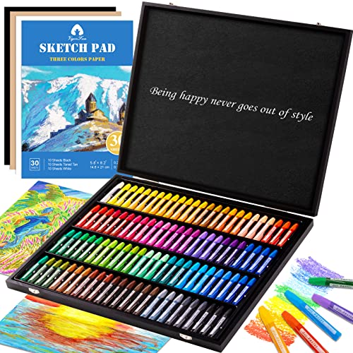 Oil Pastels, 100 Pieces Deluxe Wooden Pastels Art Supplies Set with Blessing, 3-Color Sketch Pad Included, Creative Gift Box for Kids Artists Adults - WoodArtSupply