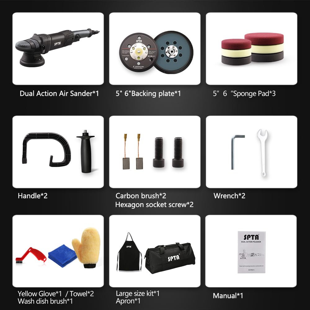 Buffer Polisher, SPTA 5-Inch 125mm Dual Action Random Orbital Car Polisher,Car Detailing Kit, 4Pcs 5inch & 4Pcs 6Inch Polishing Pad,Packing Bag for SPTA