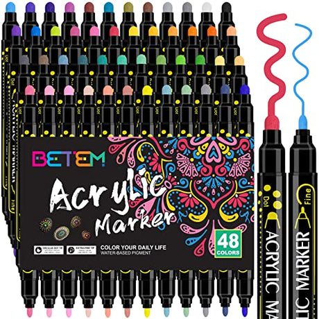 Betem 48 Colors Dual Tip Acrylic Paint Pens Markers, Premium Acrylic Paint Pens for Wood, Canvas, Stone, Rock Painting, Glass, Ceramic Surfaces, DIY Betem