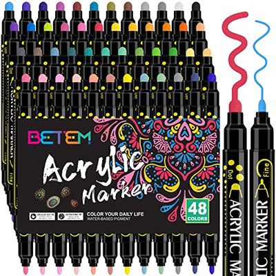 Betem 48 Colors Dual Tip Acrylic Paint Pens Markers, Premium Acrylic Paint Pens for Wood, Canvas, Stone, Rock Painting, Glass, Ceramic Surfaces, DIY