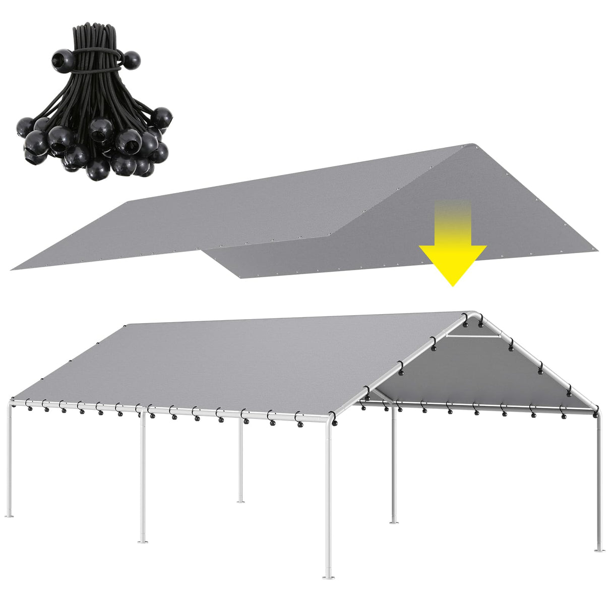 DWALE 10 x 20 Ft Carport,Replacement Canopy Cover Garage Top Tent Shelter Tarp,Grey with 48 Ball Bungee Cords Waterproof & UV Protected (Only Tarp DWALE