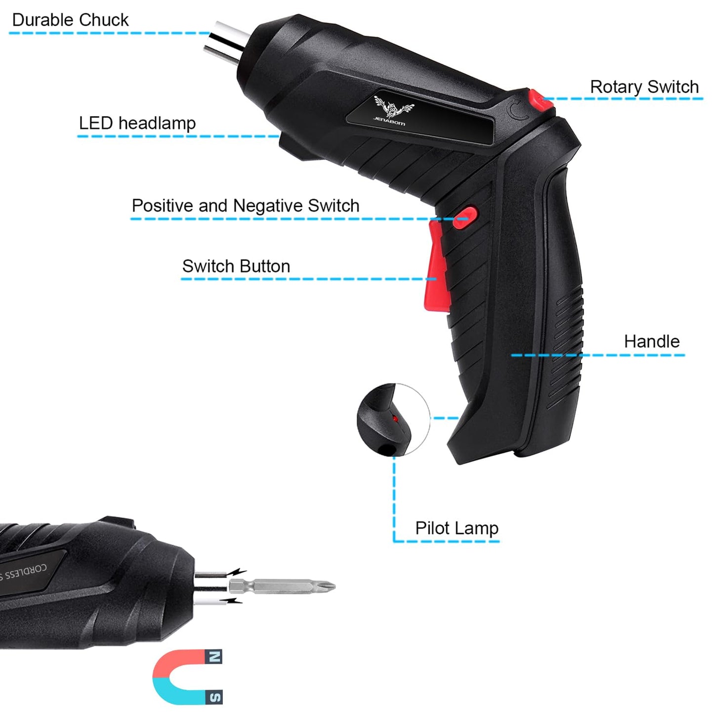 JENABOM 8 in 1 Electric Screwdriver, 3.6V Cordless Drill Screwdriver Rechargeable, 3.5N·m Max Torque Electric Screw Gun with 6 Accessory Kit, Micro - WoodArtSupply