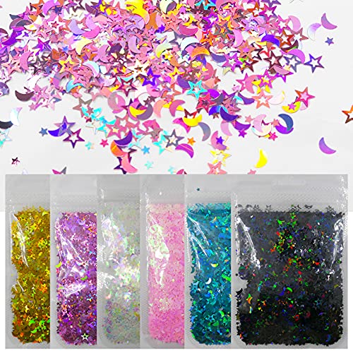 LoveOurHome 6 Colors Star Moon Chunky Glitter Flakes Resin Epoxy Accessories Holographic Black Blue Stars Glitters Confetti Crafts Sequins Decor for - WoodArtSupply